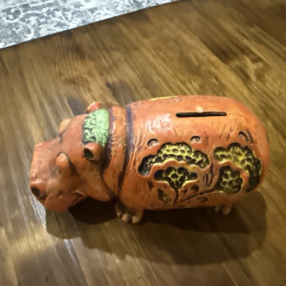 Vintage 70's Kitschy Boho Orange Floral Ceramic Bank Hippopotamus House Hippo